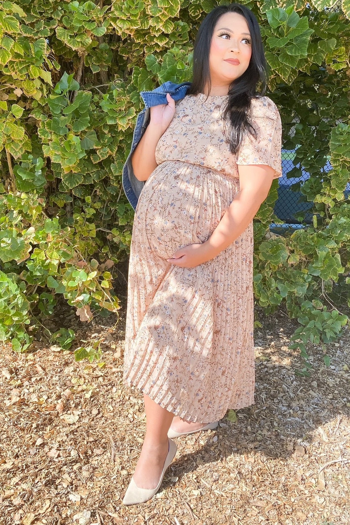 Beige Floral Pleated Short Sleeve Chiffon Maternity Midi Dress from PinkBlush