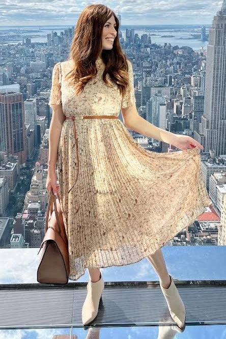 Beige Floral Pleated Short Sleeve Chiffon Maternity Midi Dress from PinkBlush