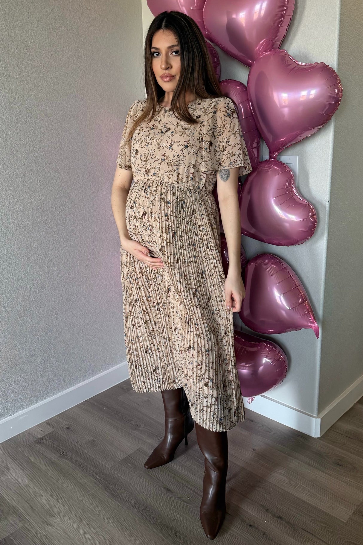 Beige Floral Pleated Short Sleeve Chiffon Maternity Midi Dress from PinkBlush