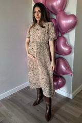 Beige Floral Pleated Short Sleeve Chiffon Maternity Midi Dress from PinkBlush