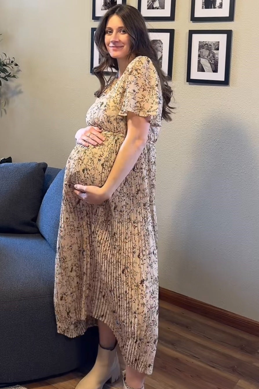 Beige Floral Pleated Short Sleeve Chiffon Maternity Midi Dress from PinkBlush