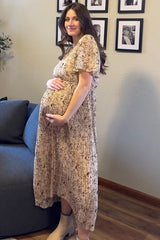 Beige Floral Pleated Short Sleeve Chiffon Maternity Midi Dress from PinkBlush