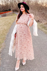 Beige Floral Pleated Chiffon Midi Dress from PinkBlush