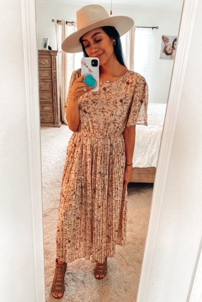 Beige Floral Pleated Chiffon Midi Dress from PinkBlush