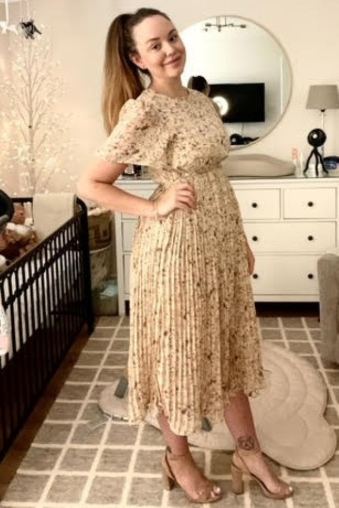 Beige Floral Pleated Chiffon Midi Dress from PinkBlush
