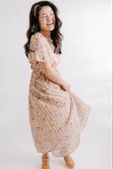 Beige Floral Pleated Chiffon Midi Dress from PinkBlush