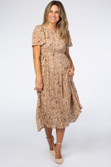 Beige Floral Pleated Chiffon Midi Dress from PinkBlush