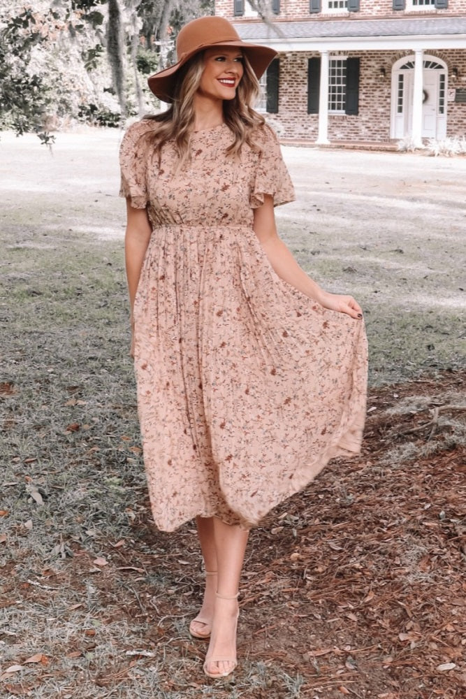 Beige Floral Pleated Chiffon Midi Dress from PinkBlush