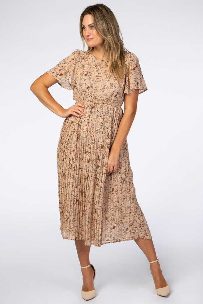 Beige Floral Pleated Chiffon Midi Dress from PinkBlush