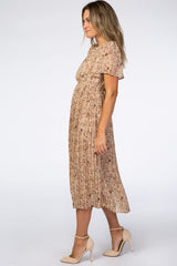 Beige Floral Pleated Chiffon Midi Dress from PinkBlush
