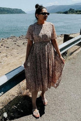 Beige Floral Pleated Chiffon Midi Dress from PinkBlush