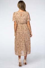 Beige Floral Pleated Chiffon Midi Dress from PinkBlush