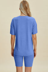 Basic Bae Full Size Ribbed V-Neck Short Sleeve Top and Shorts Set from Enfance-Heureuse