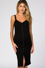 Black Ribbed Snap Button Front Fitted Maternity Midi Dress from PinkBlush