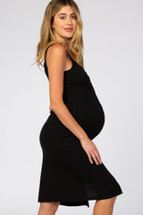 Black Ribbed Snap Button Front Fitted Maternity Midi Dress from PinkBlush
