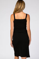 Black Ribbed Snap Button Front Fitted Maternity Midi Dress from PinkBlush