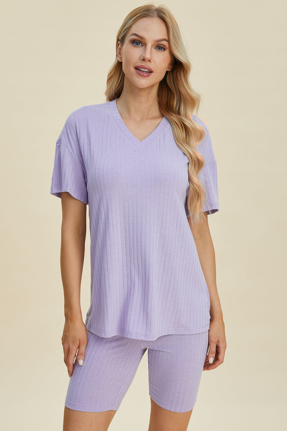 Basic Bae Full Size Ribbed V-Neck Short Sleeve Top and Shorts Set from Enfance-Heureuse