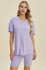 Basic Bae Full Size Ribbed V-Neck Short Sleeve Top and Shorts Set from Enfance-Heureuse