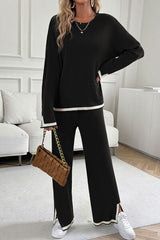 Devine Contrast Trim Round Neck Top and Pants Set from Enfance-Heureuse