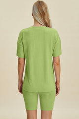 Basic Bae Full Size Ribbed V-Neck Short Sleeve Top and Shorts Set from Enfance-Heureuse