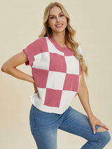 Double Take Full Size Checkered Round Neck Short Sleeve Sweater from Enfance-Heureuse