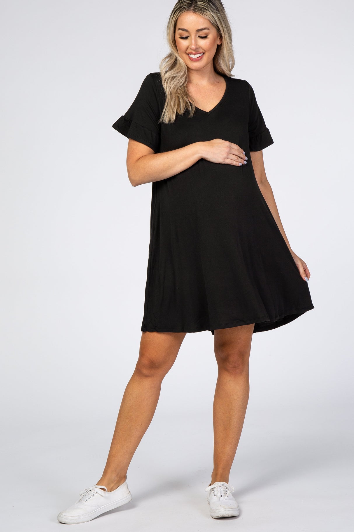 Black Ruffle Sleeve Swing Maternity Dress from PinkBlush