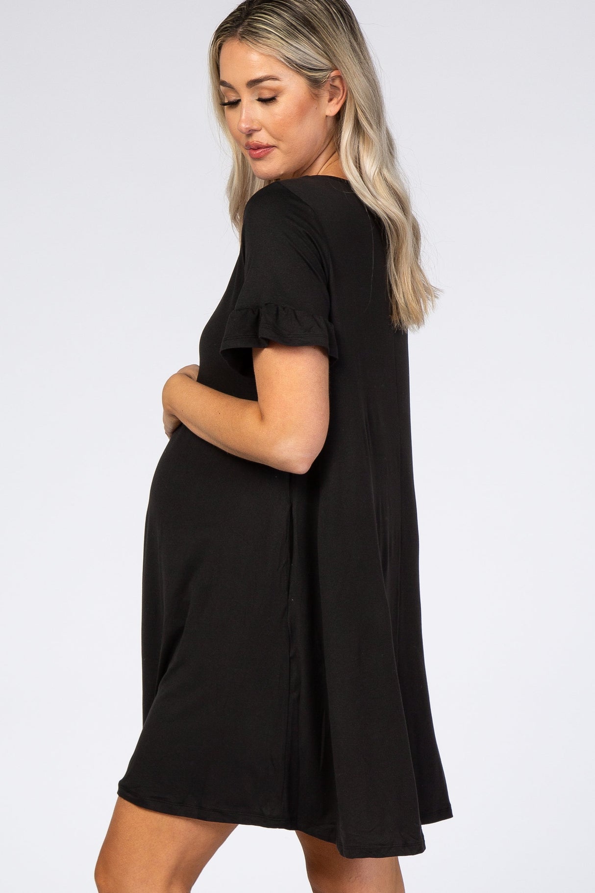 Black Ruffle Sleeve Swing Maternity Dress from PinkBlush