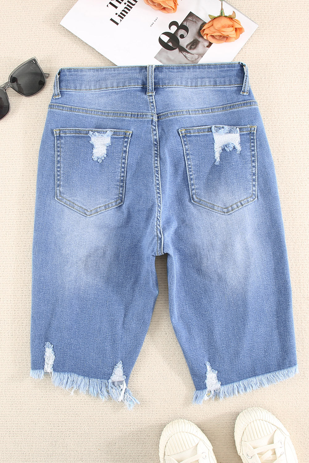 Blue Raw Hem Denim Jorts with Distressed Details, Mid-Stretch Slash Pockets Bermuda Denim Shorts, Women's Denim Jeans & Apparel from MsDressly