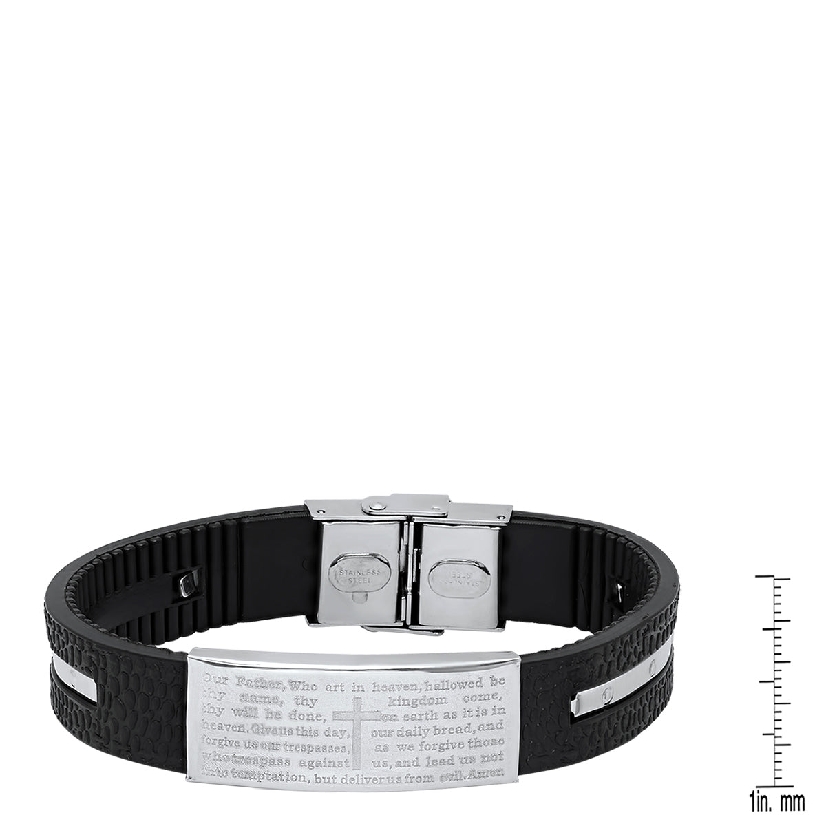 Black Rubber And Stainless Steel Our Father Prayer Ridged Bracelet From Steel Time