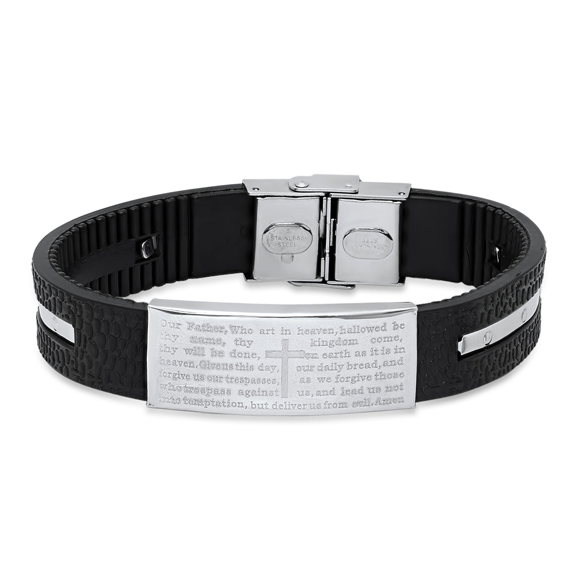 Black Rubber And Stainless Steel Our Father Prayer Ridged Bracelet From Steel Time