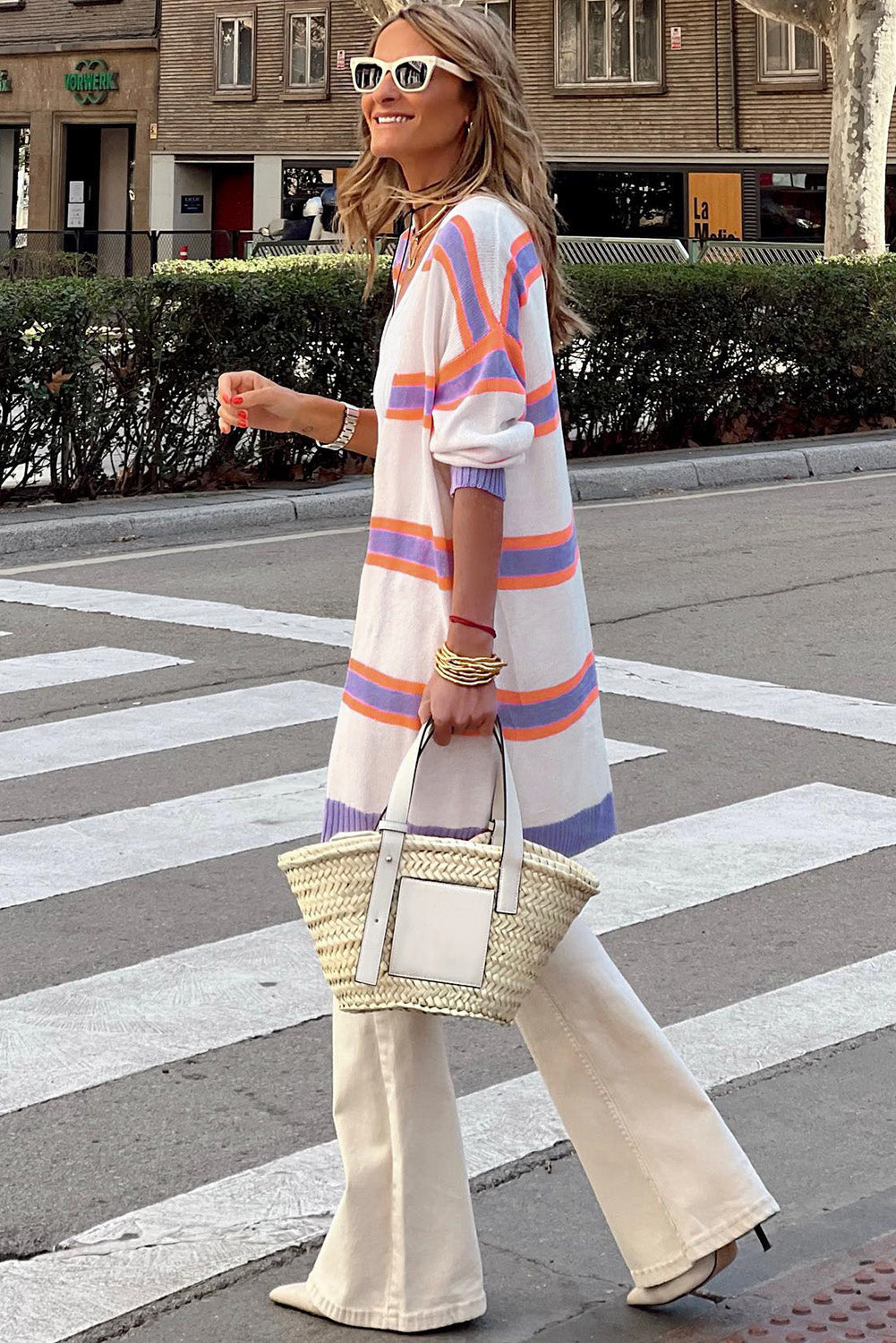 Beige Button-Up Striped Cardigan with Ribbed Trim and Long Sleeves from MsDressly