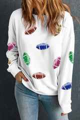 Beige Sequined Rugby Football Pattern O Neck Game Day Sweatshirt from MsDressly