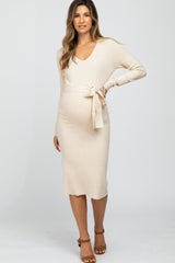 Beige Tie Front Maternity Sweater Midi Dress from PinkBlush