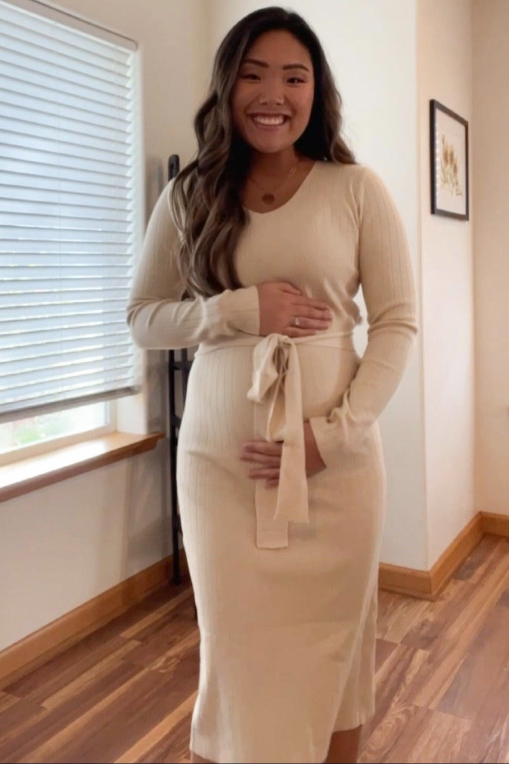 Beige Tie Front Maternity Sweater Midi Dress from PinkBlush