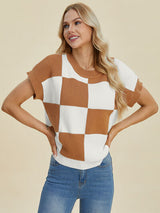 Double Take Full Size Checkered Round Neck Short Sleeve Sweater from Enfance-Heureuse