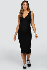 Black Sleeveless Ribbed Knit Fitted Maternity Dress from PinkBlush