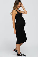 Black Sleeveless Ribbed Knit Fitted Maternity Dress from PinkBlush