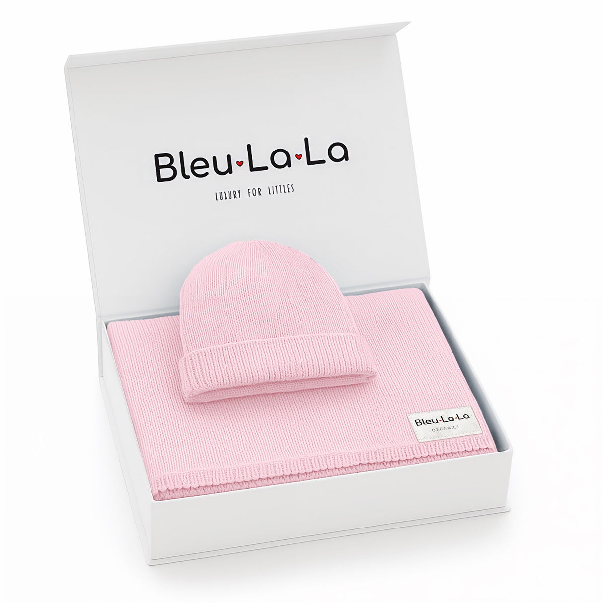 Luxe Collection 100% Organic Cotton Luxury Knit Baby Blanket + Hat Set with Gift Box from Bleu La La