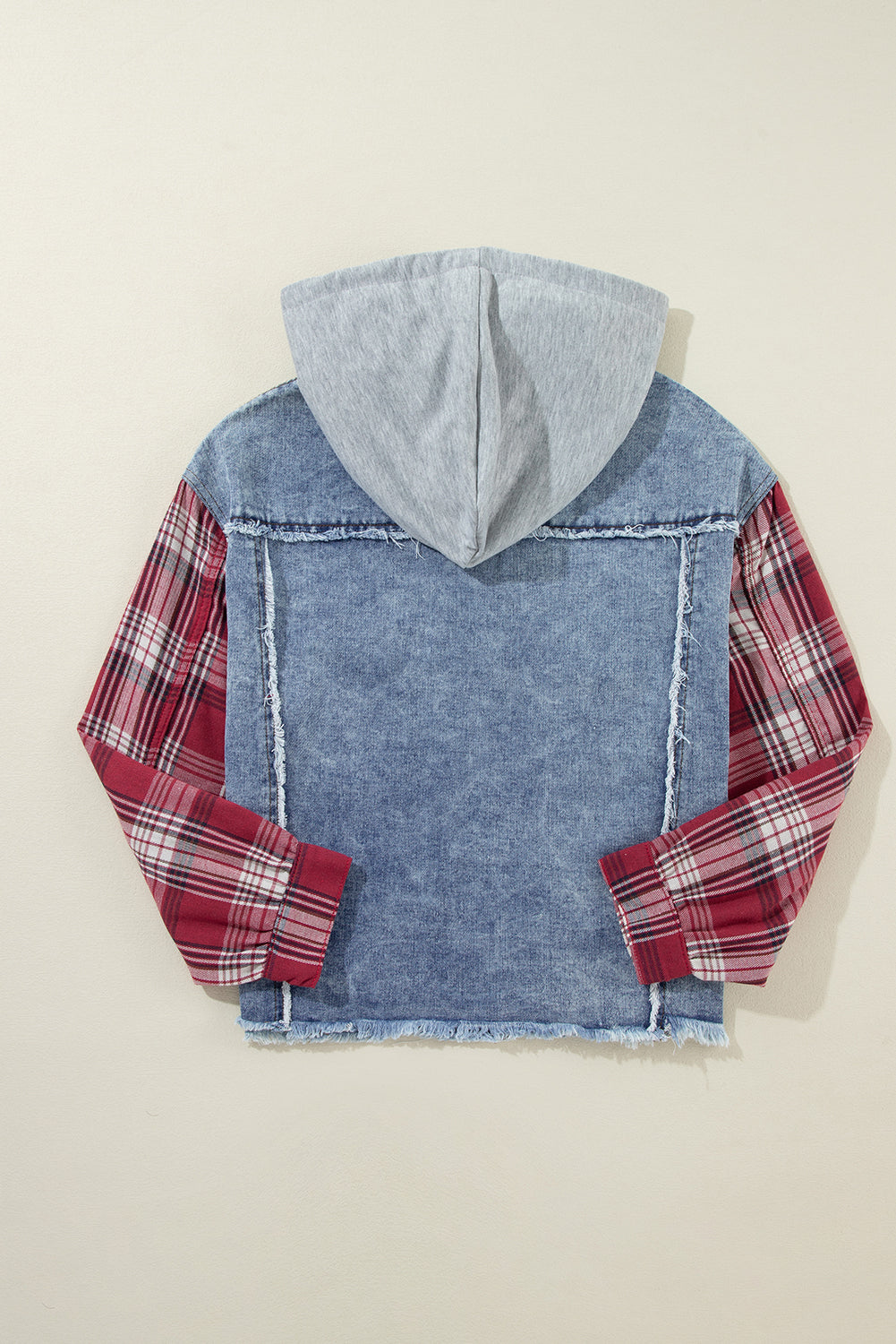 Beau Blue Plaid Print Patchwork Hooded Raw Hem Denim Jacket from MsDressly