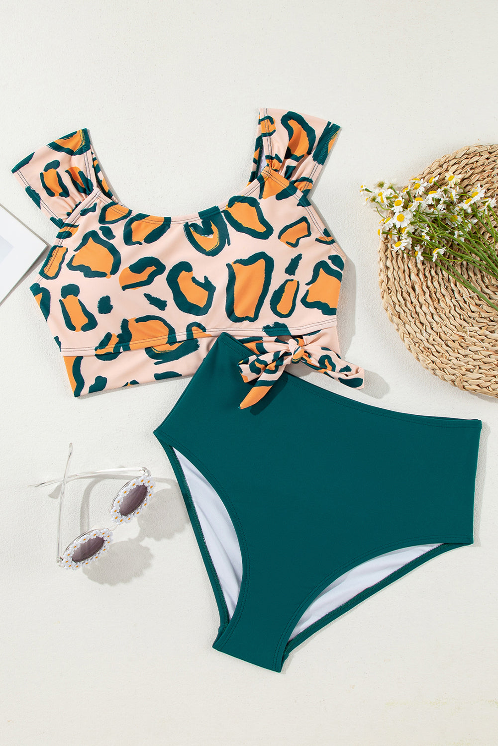 Michelle Leopard Knotted High Waist Bikini Set from Threaded Pear