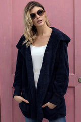Blue Soft Fleece Hooded Open Front Coat From MsDressly