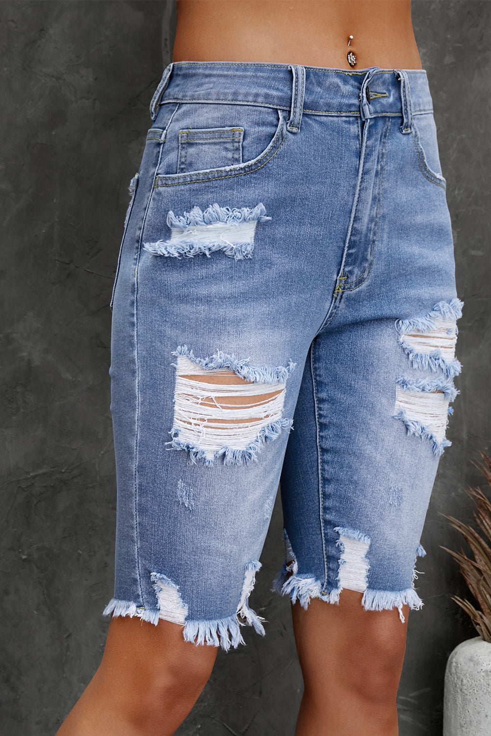 Blue Raw Hem Denim Jorts with Distressed Details, Mid-Stretch Slash Pockets Bermuda Denim Shorts, Women's Denim Jeans & Apparel from MsDressly