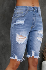 Blue Raw Hem Denim Jorts with Distressed Details, Mid-Stretch Slash Pockets Bermuda Denim Shorts, Women's Denim Jeans & Apparel from MsDressly