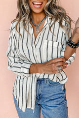 Black Stripe Chest Pocket Buttoned Oversized Shirt from MsDressly
