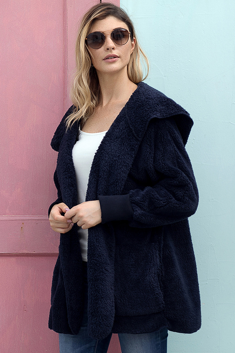 Blue Soft Fleece Hooded Open Front Coat From MsDressly