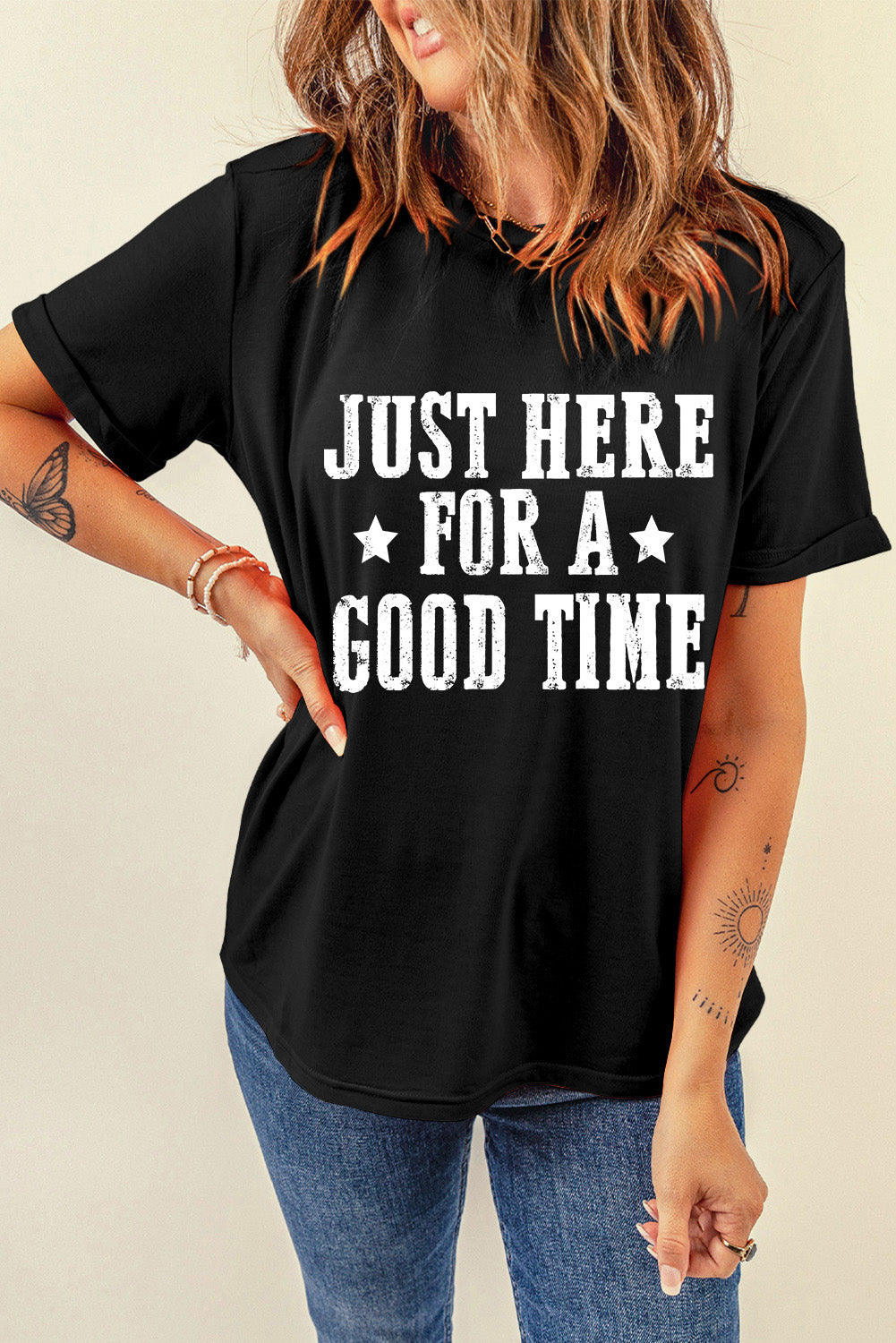 Black Just Here For A Good Time Graphic Round Neck T Shirt from MsDressly