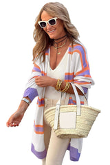 Beige Button-Up Striped Cardigan with Ribbed Trim and Long Sleeves from MsDressly