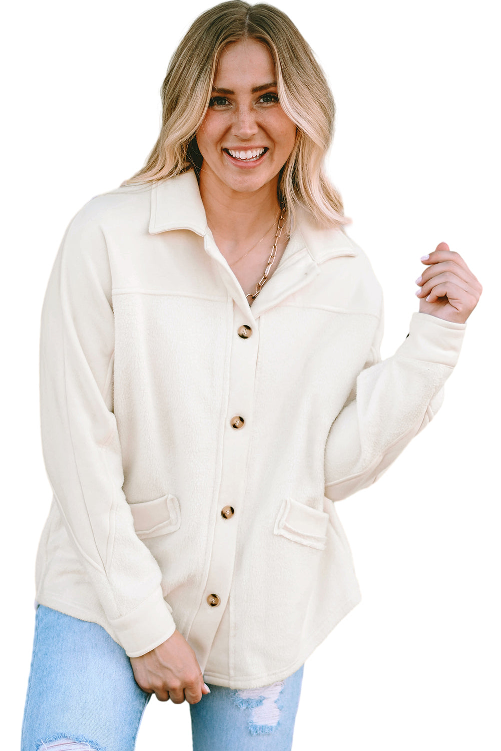 Beige Button-Up Stitching Pocket Raw Hem Shacket from MsDressly