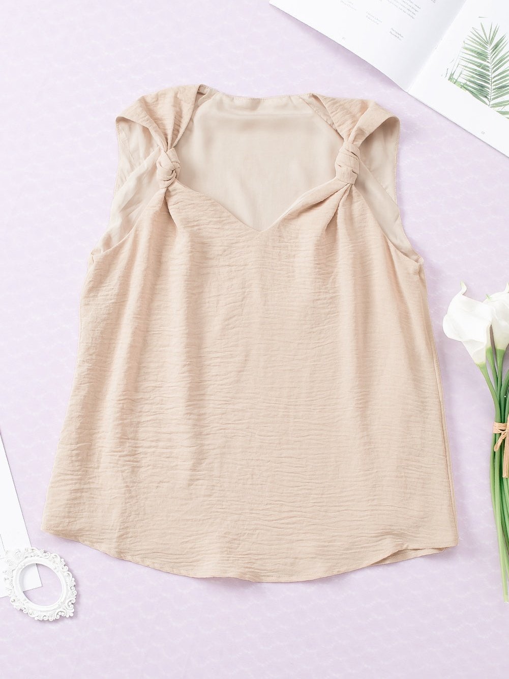 Apricot Twisted Shoulder V Neck Tank Top From MsDressly