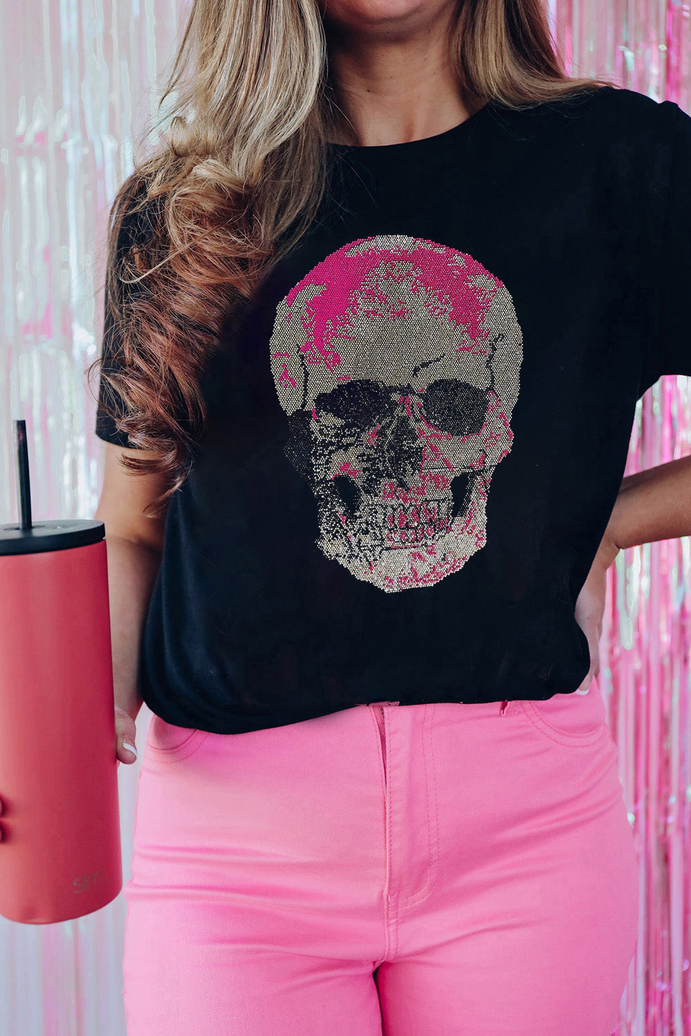 Black Rhinestone Skull Graphic Crewneck T Shirt from MsDressly